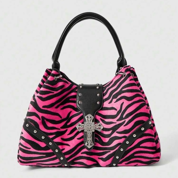 Handbags - Pink Zebra Print Tote Bag with Cross Accent